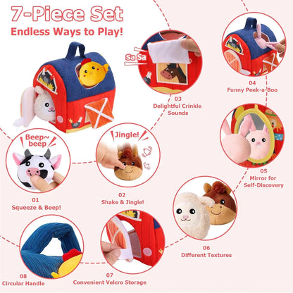 6 Mini Granjas Sorpresa con Animales de Peluche Sensoriales | Sonajero, Sonidos y Texturas | Regalo Educativo Montessori para Niños